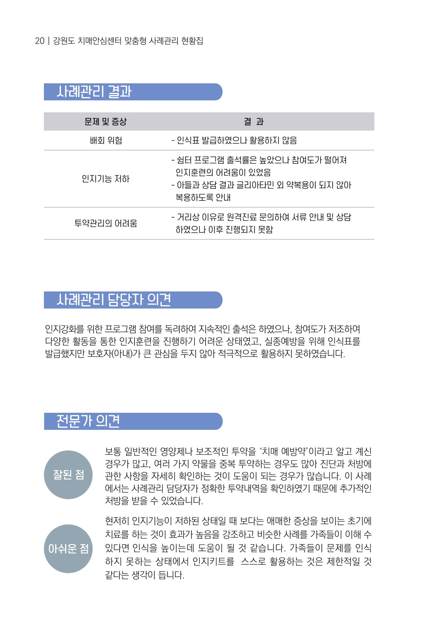 강원도 치매안심센터 사례관리 현황집 "힘들지만, 함께하는 행복' 20페이지