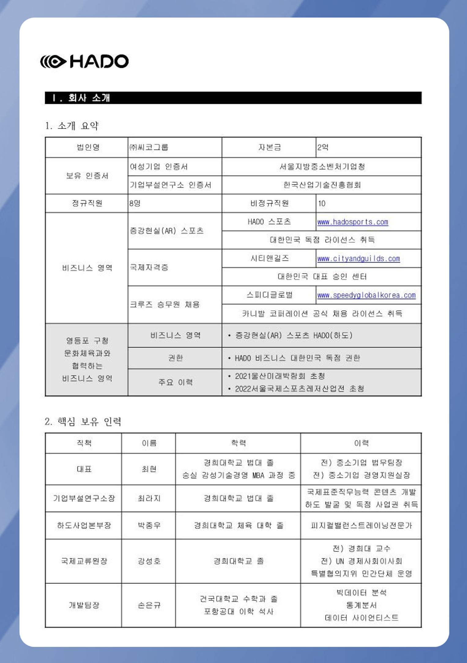 회사소개 및 하도스포츠 소개서 2페이지