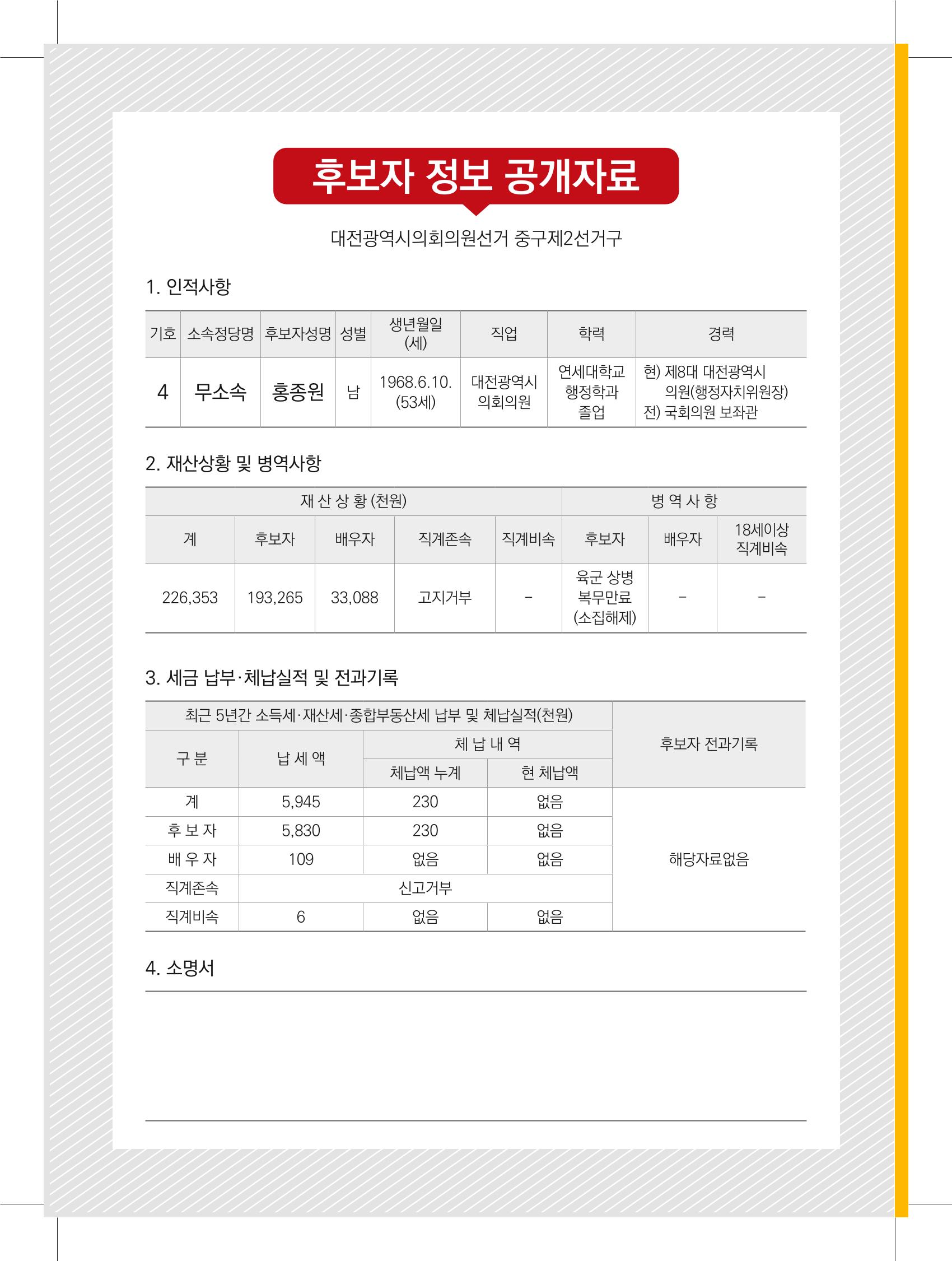 대전광역시의회 의원선거 중구 시의원 홍종원 홍보공고 2페이지