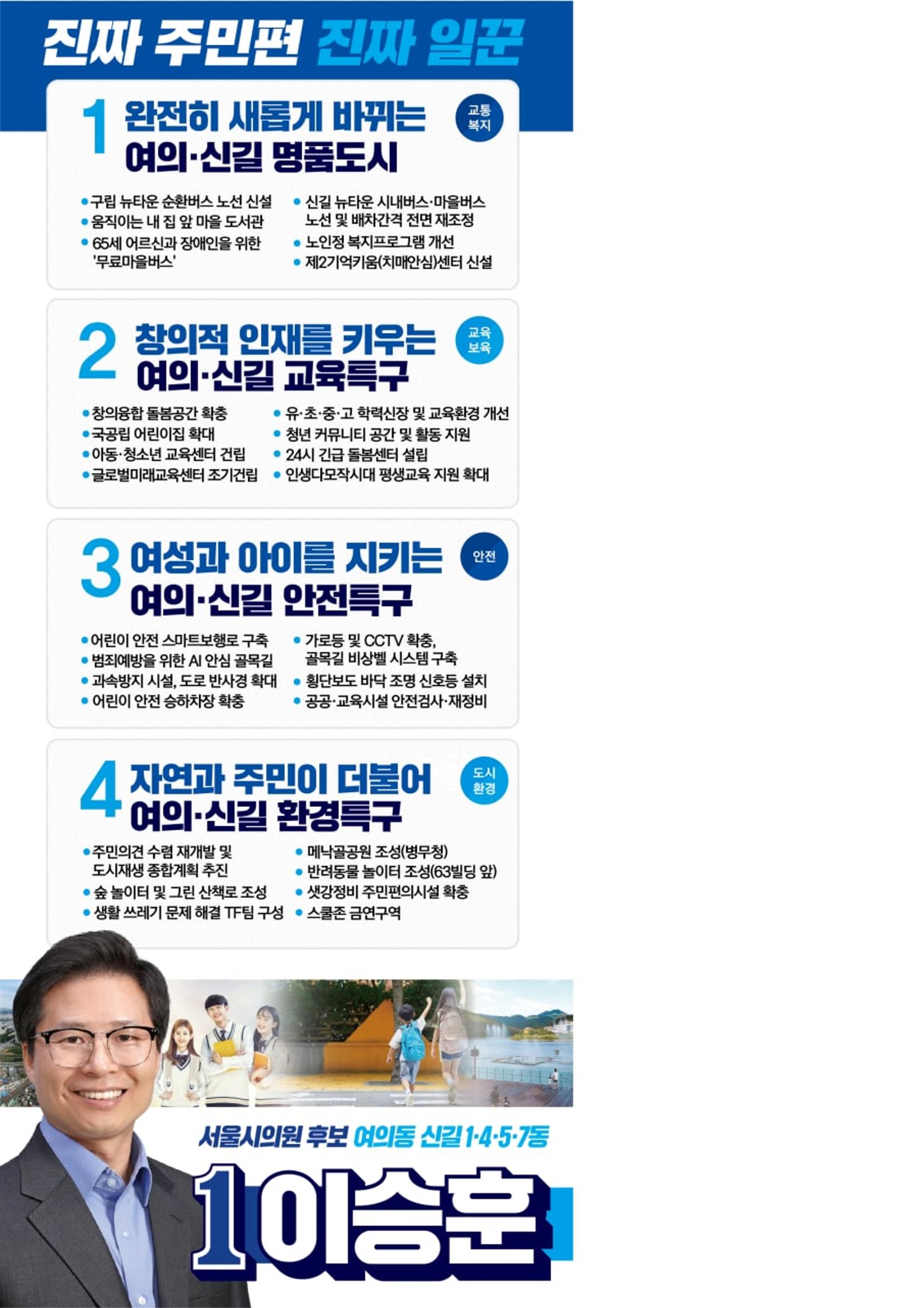 분야별 공약(교통/복지/교육/안전/도시환경) 1페이지