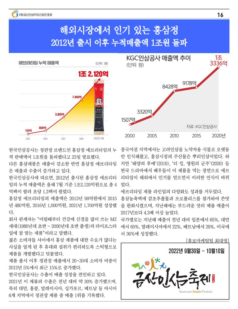  금산인삼약초산업진흥원 소식지 8월호 “금산이 뿌리입니다” 16페이지