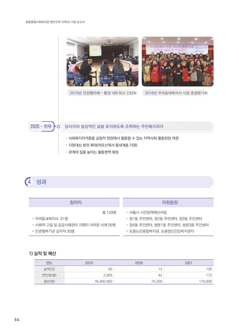 창동종합사회복지관 법인수탁 10주년 기념보고서 64페이지