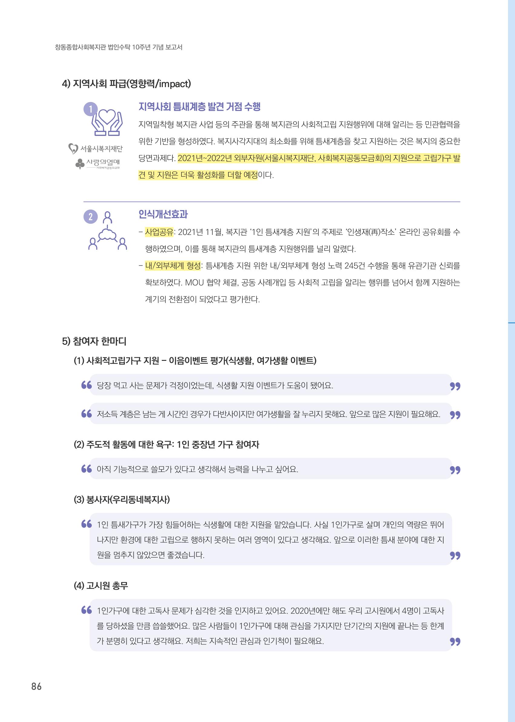 창동종합사회복지관 법인수탁 10주년 기념보고서 86페이지