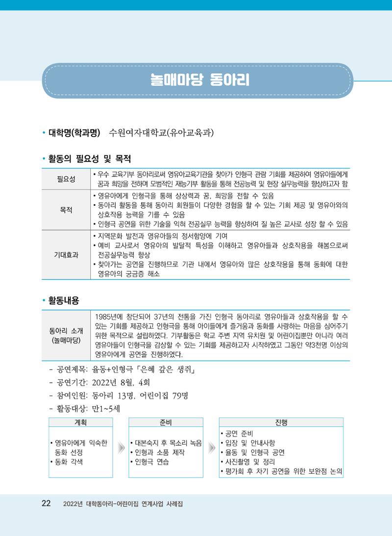 [경기도육아종합지원센터]2022 대학동아리-어린이집 연계사업 사례집 22페이지