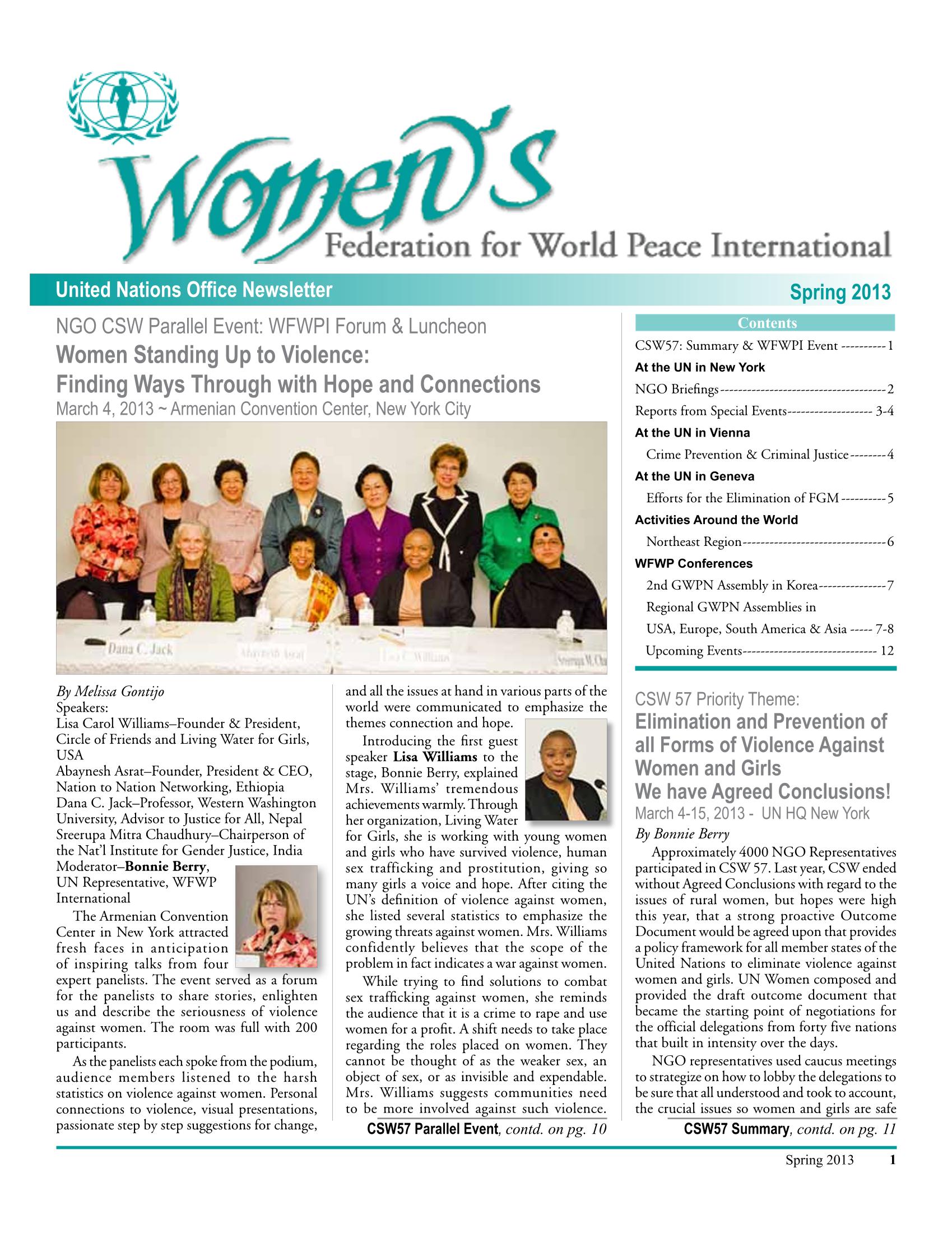 2013년 봄 WFWP 유엔 뉴스레터 1페이지