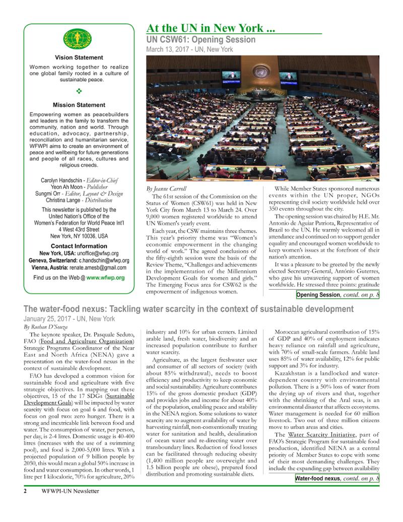 2017년 봄/여름 WFWP 유엔 뉴스레터 2페이지