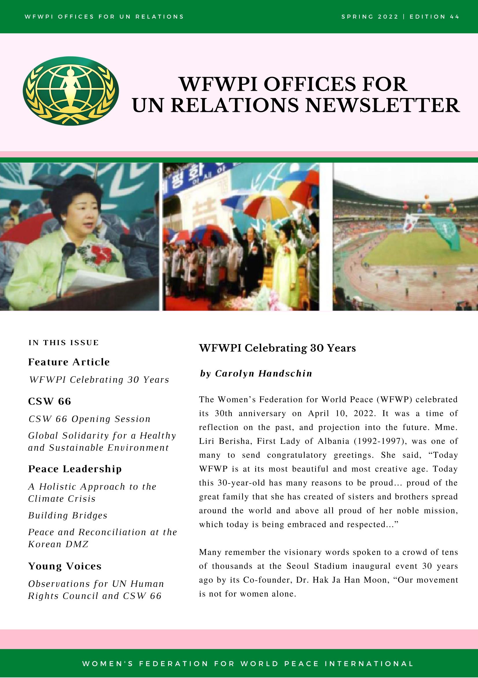 2022년 WFWP 유엔 뉴스레터 #44 1페이지