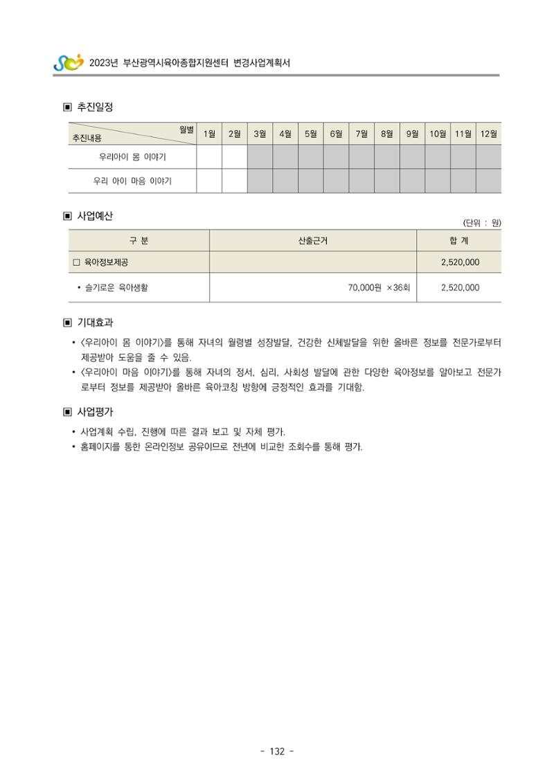 2023 부산광역시육아종합지원센터 변경사업계획서 134페이지