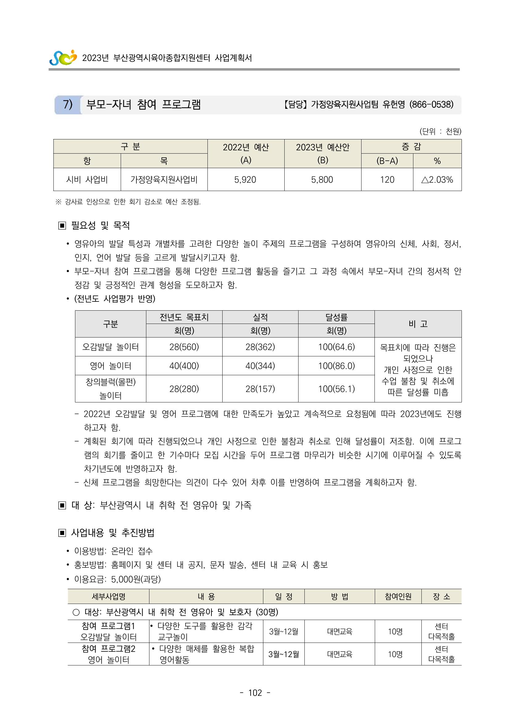 2023 부산광역시육아종합지원센터 사업계획서 104페이지