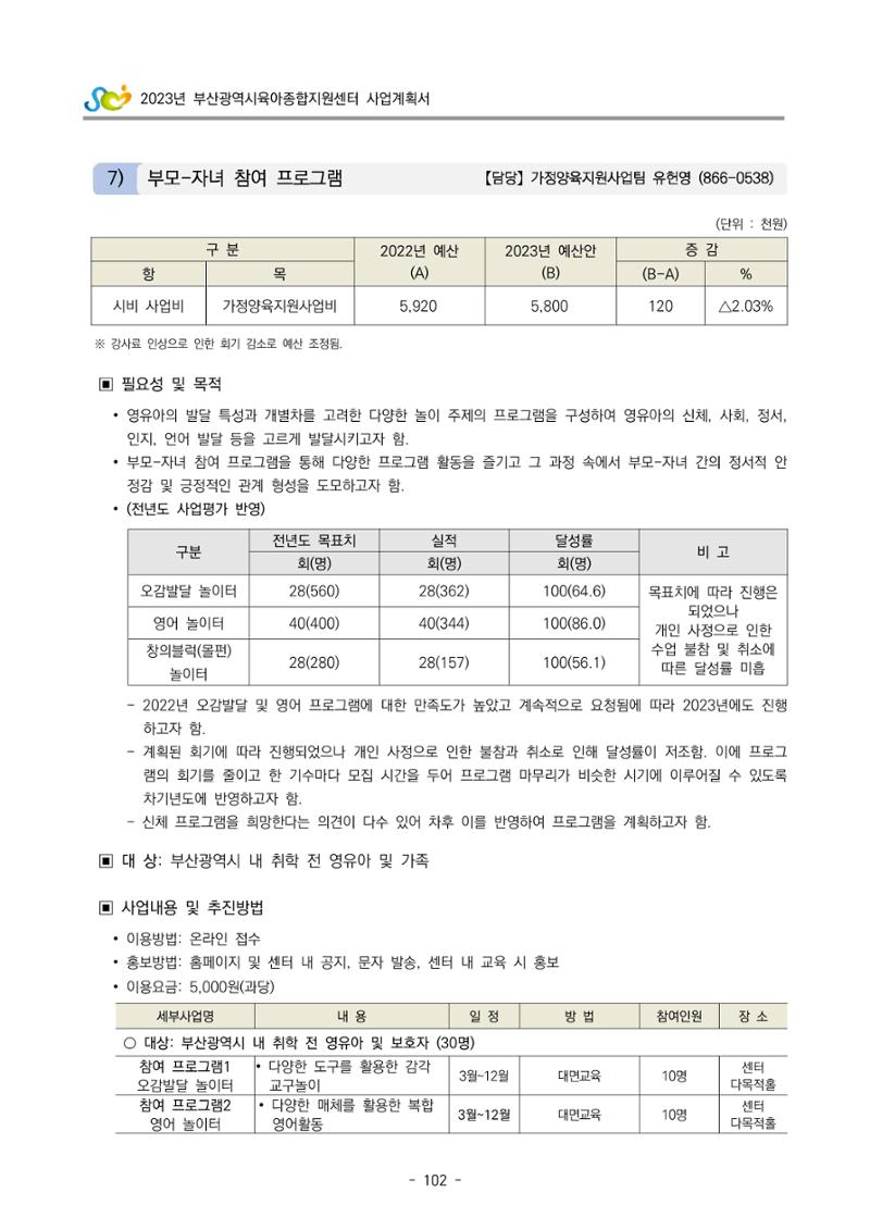 2023 부산광역시육아종합지원센터 사업계획서 104페이지