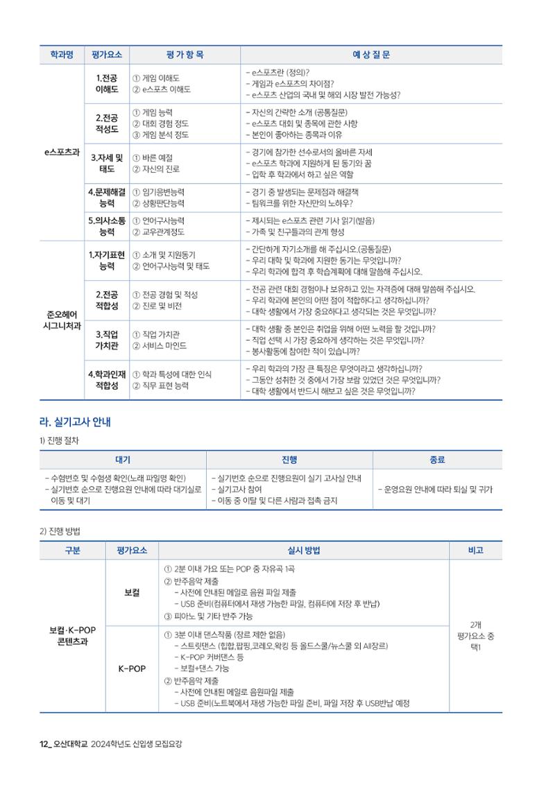 오산대학교 2024학년도 신입생 모집요강 12페이지