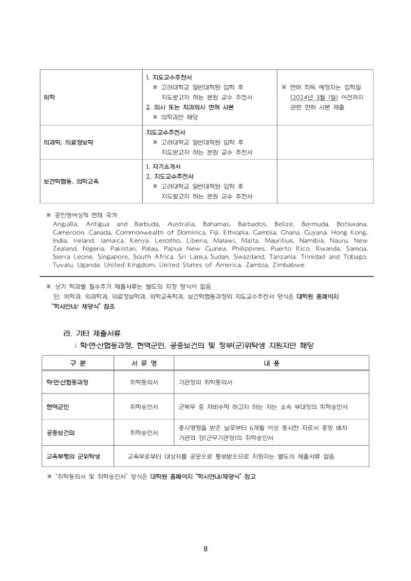 고려대학교 일반대학원 2024학년도 전기 신입학전형 8페이지