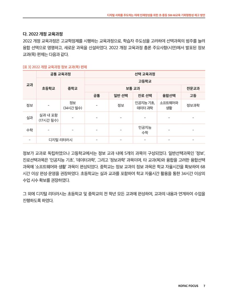 코팩포커스_디지털 사회를 주도하는 미래인재양성을 위한 초중등 SWAI교육 기회형평성 제고 방안 7페이지
