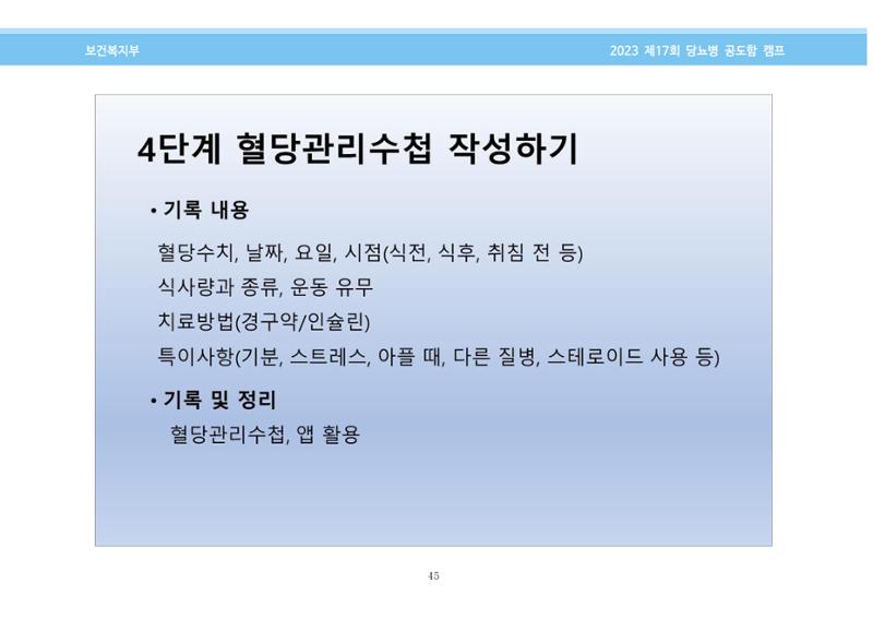 한국소아당뇨인협회 17회 공도함 캠프 E북 자료집 45페이지