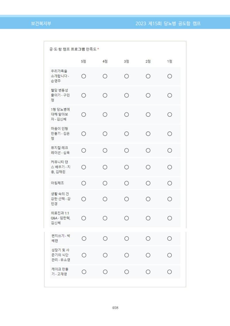 한국소아당뇨인협회 15회 공도함 캠프 E북 자료집 408페이지