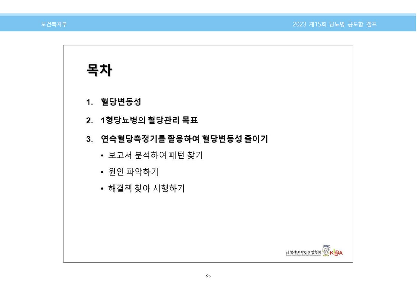 한국소아당뇨인협회 15회 공도함 캠프 E북 자료집 85페이지