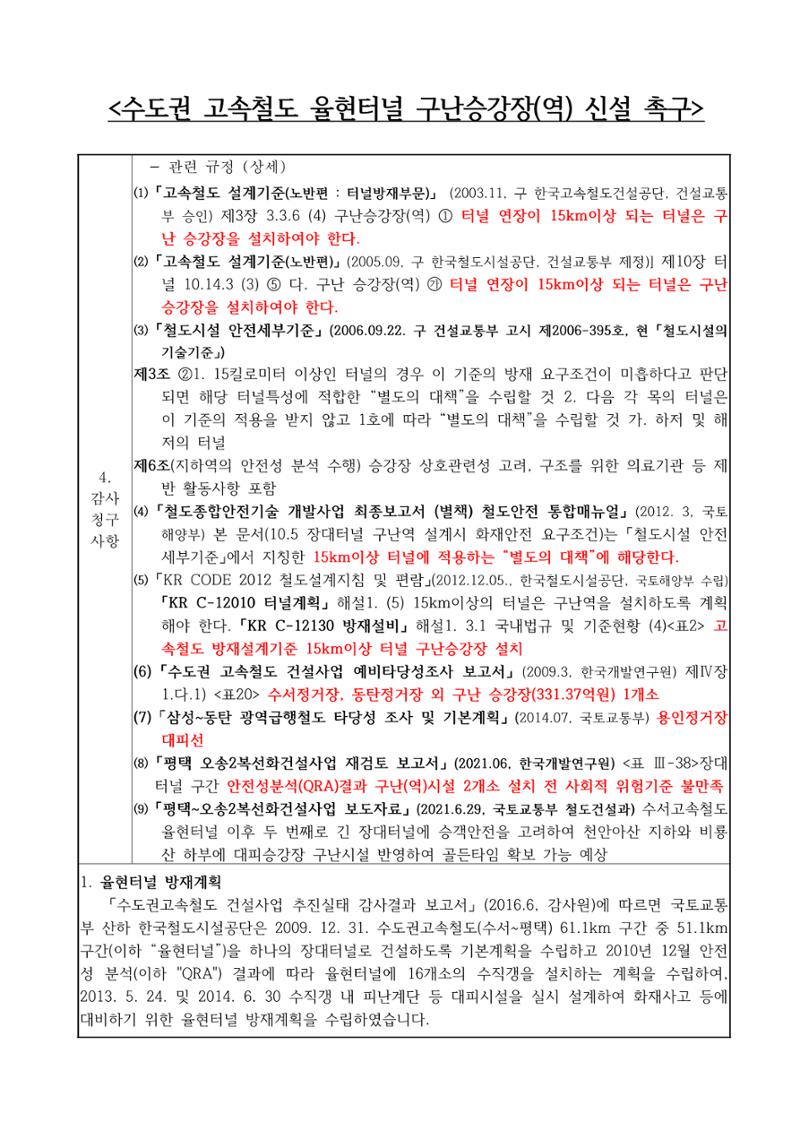 수도권 고속철도 율현터널 구난승강장(역) 신설 촉구 감사청구서 2페이지