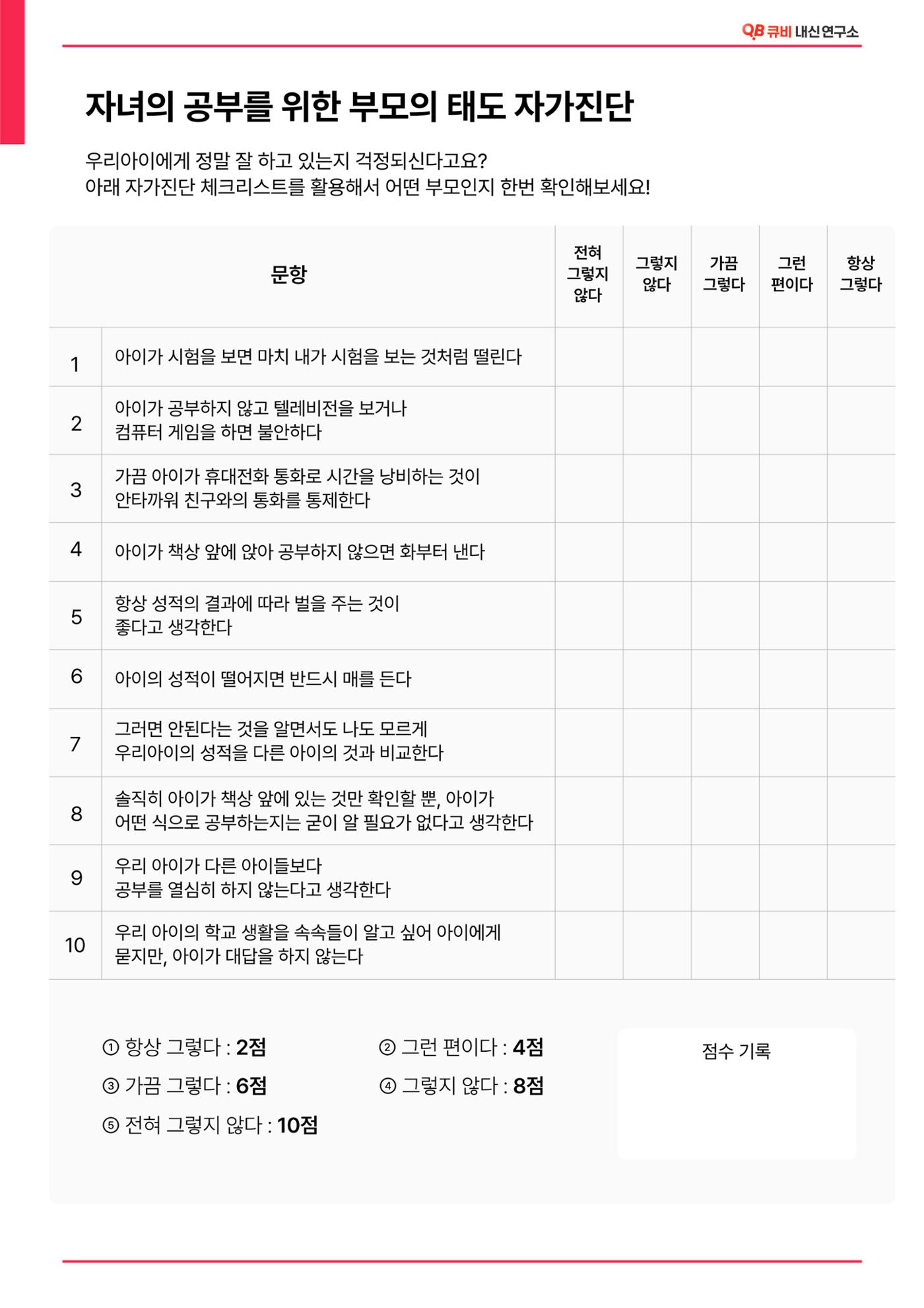 자녀의 공부를 위한 부모의 태도 자가진단 1페이지