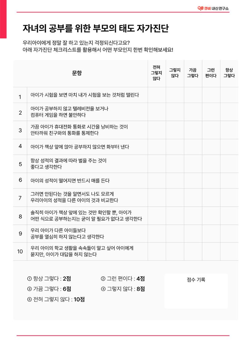 자녀의 공부를 위한 부모의 태도 자가진단 1페이지