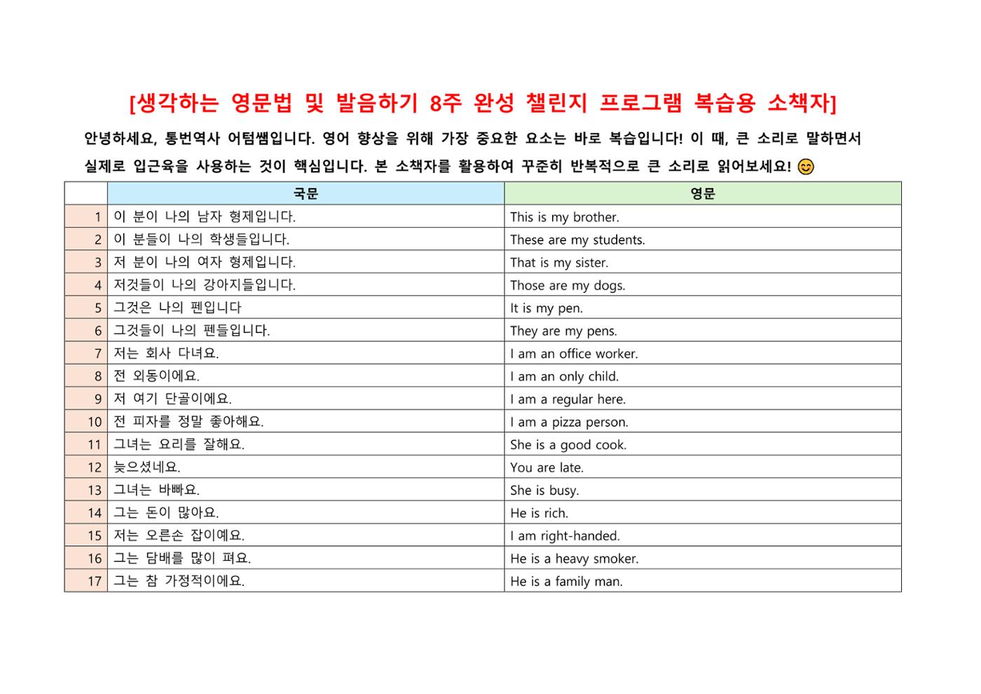 생각하는 영문법 및 발음하기 복습용 소책자 3페이지