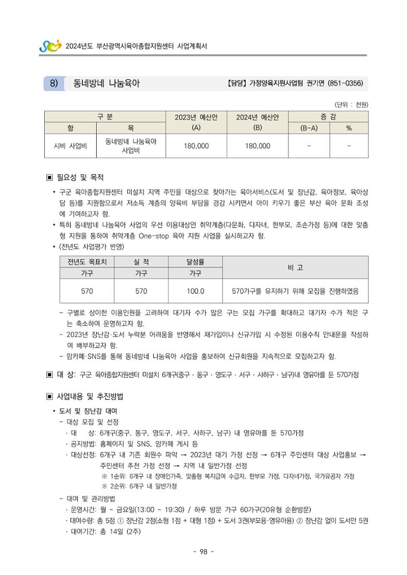 2024 부산광역시육아종합지원센터 사업계획서 99페이지