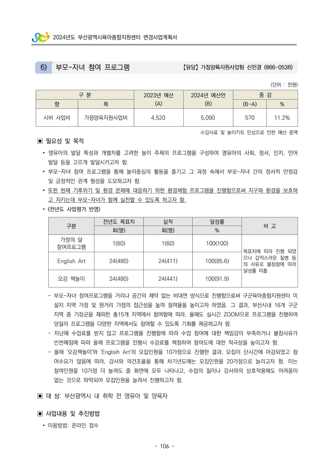 2024 부산광역시육아종합지원센터 변경사업계획(안) 107페이지