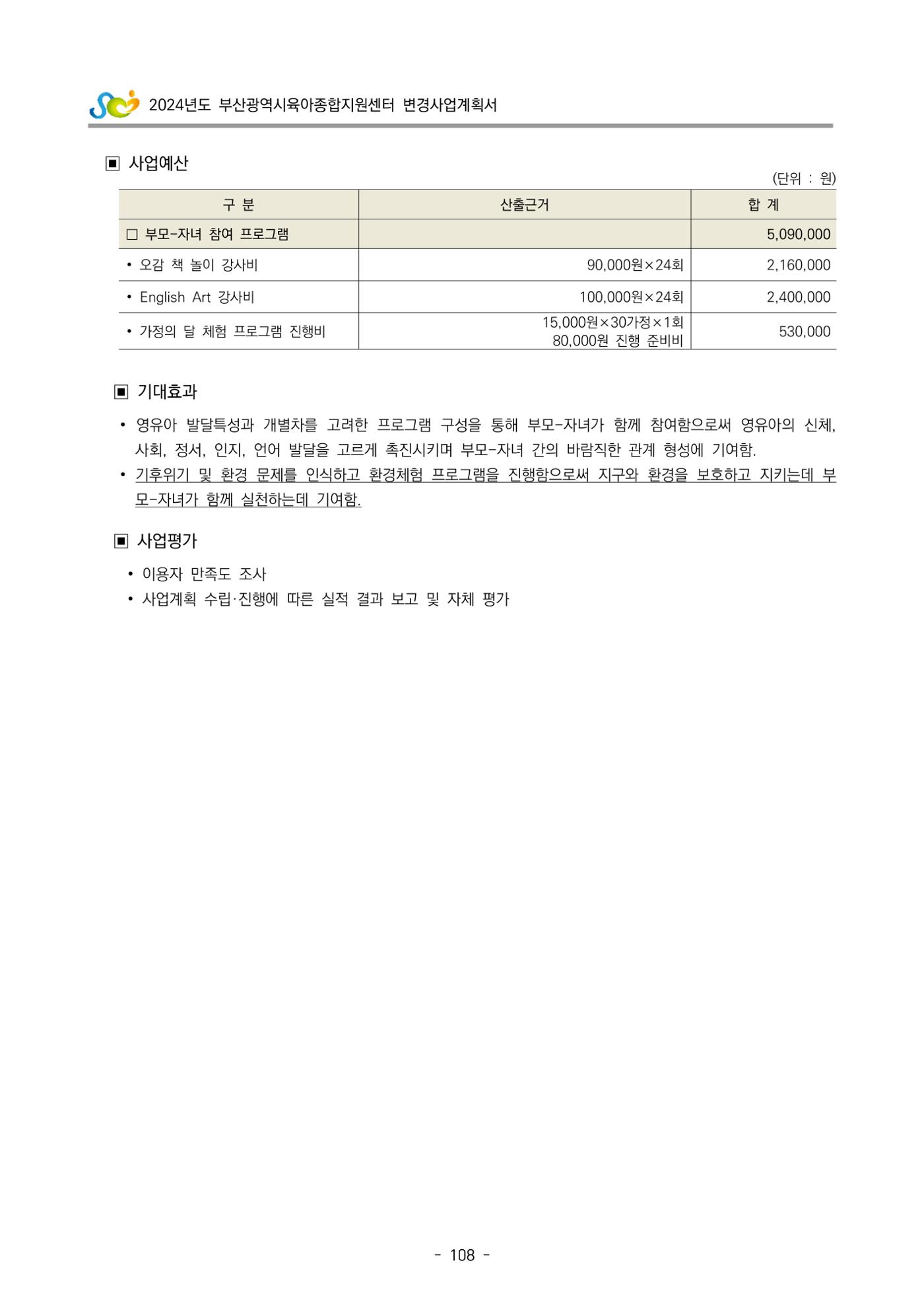 2024 부산광역시육아종합지원센터 변경사업계획(안) 109페이지