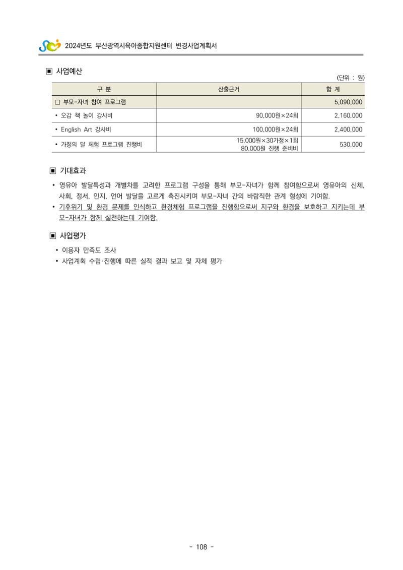 2024 부산광역시육아종합지원센터 변경사업계획(안) 109페이지