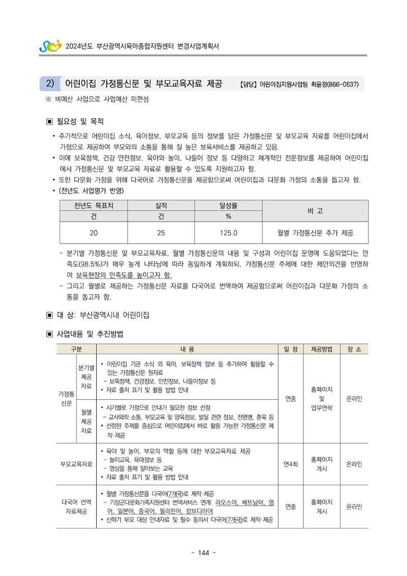2024 부산광역시육아종합지원센터 변경사업계획(안) 145페이지