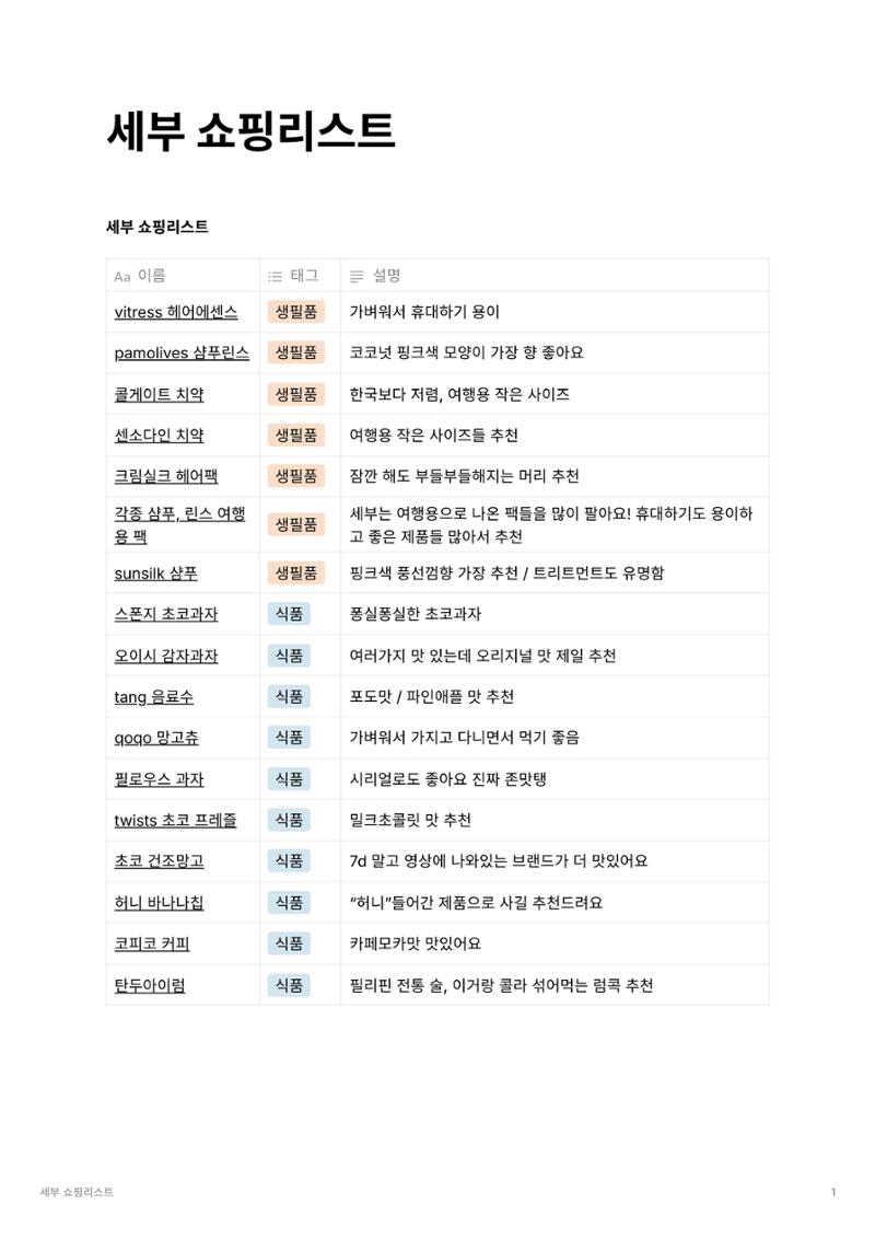 세부 쇼핑리스트 1페이지