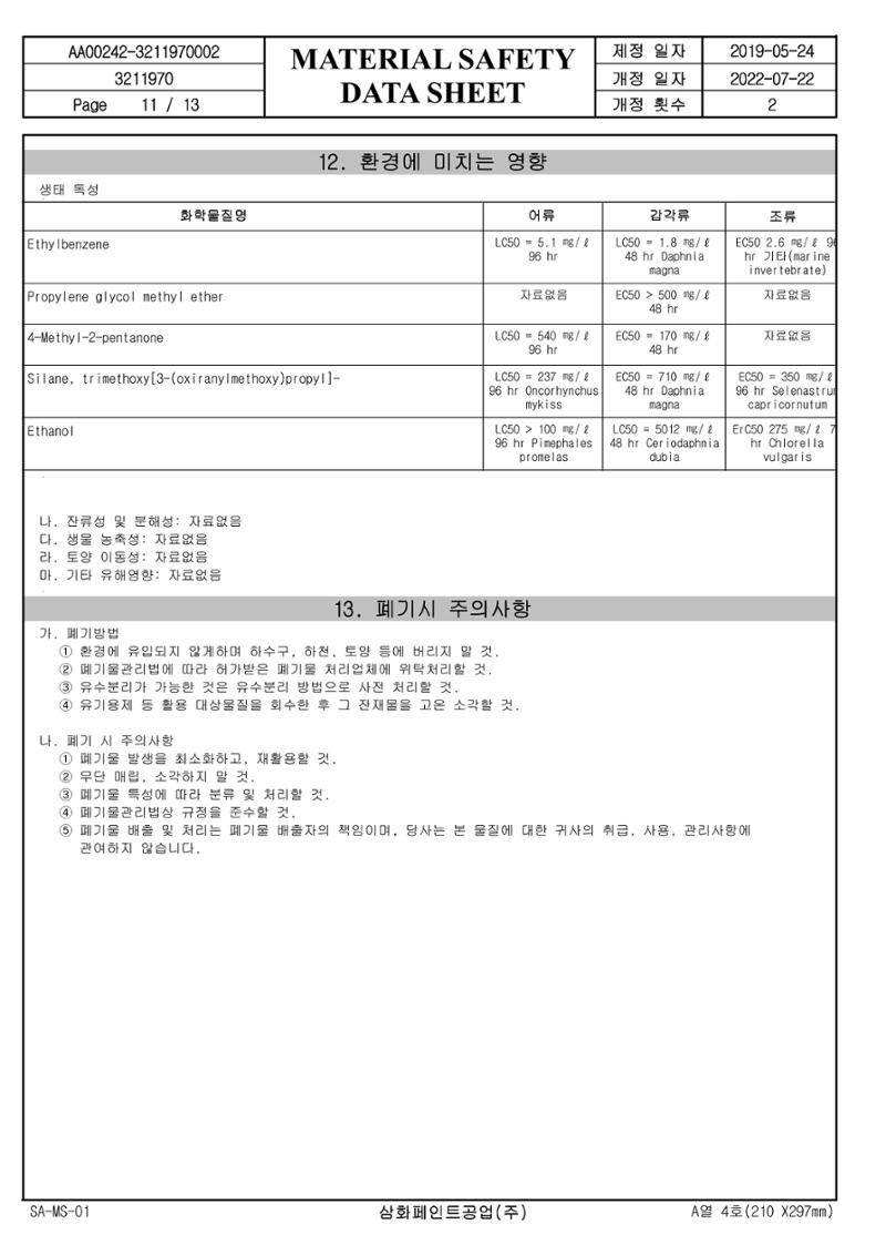 슈퍼폭시4600 적청색 MSDS 11페이지