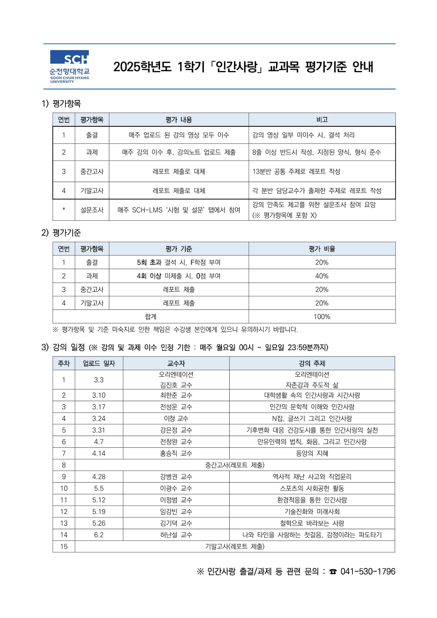 2025 1학기 인간사랑 교과목 평가기준 안내 1페이지