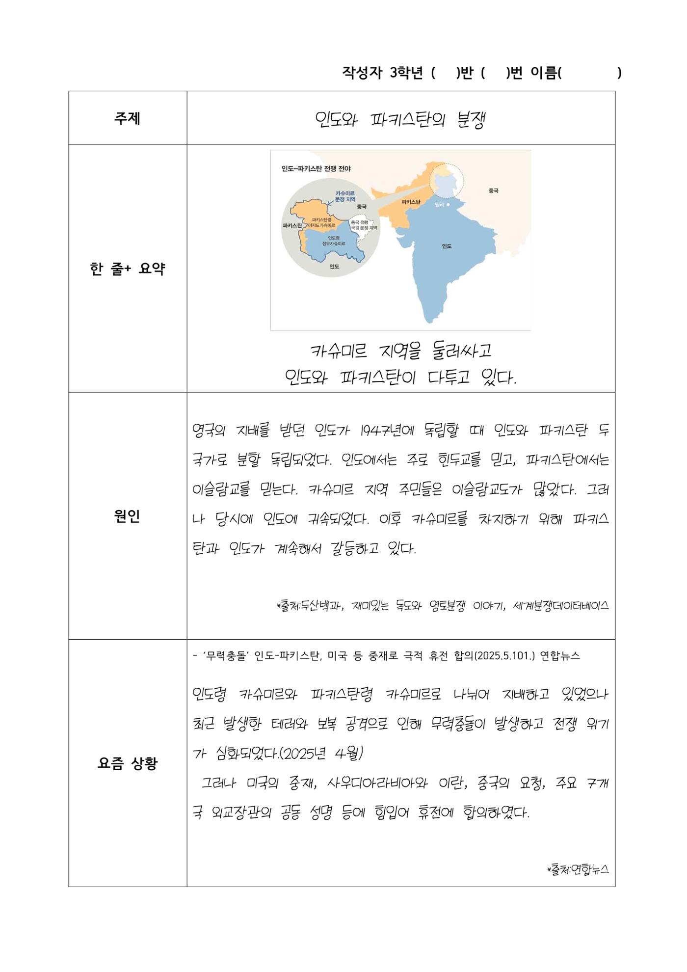 인도-파키스탄 분쟁 보고서 예시 1페이지