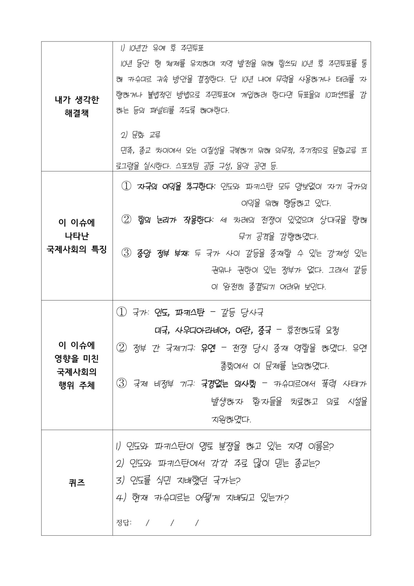 인도-파키스탄 분쟁 보고서 예시 2페이지