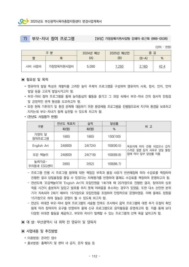 2025년도 부산광역시육아종합지원센터 변경사업계획(안) 114페이지