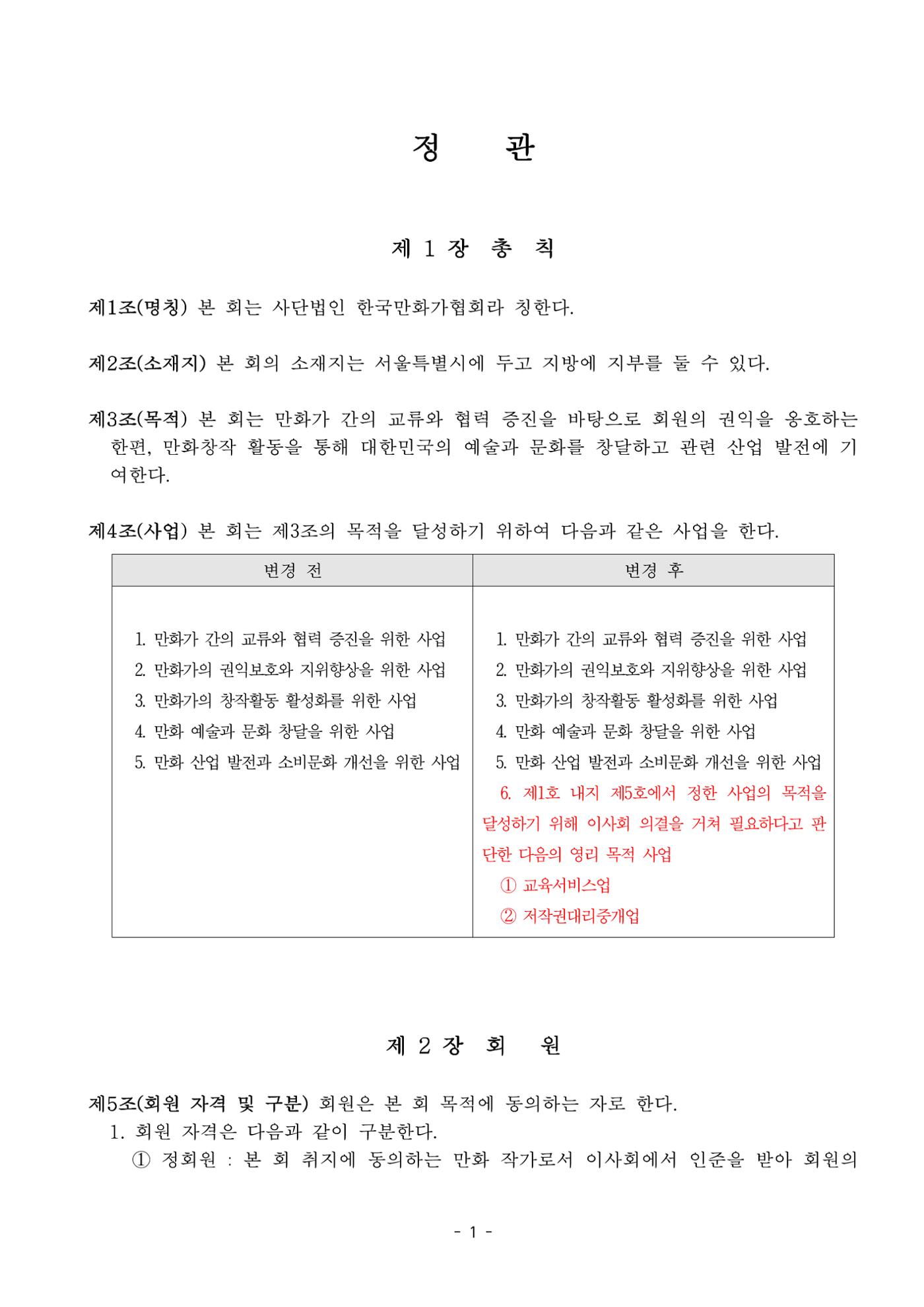 한국만화가협회 정관_15차 개정 1페이지